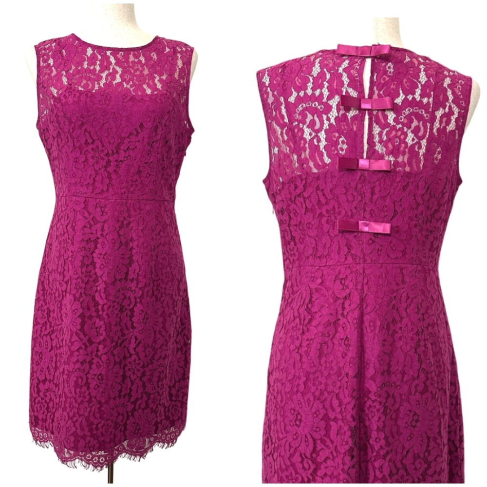 Pink Lace Cocktail Dress Sheath Midi Bow Back Coquette Retro Wedding Guest 6